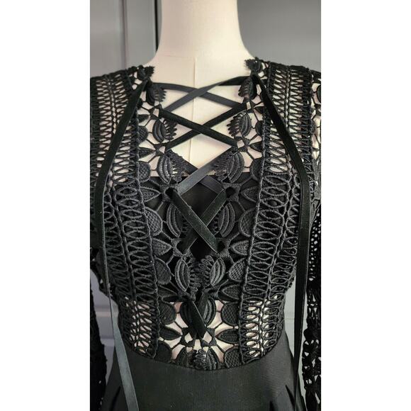 Self Portrait Long Maxi Dress Guipure Lace Up Split Front Black Size 2 - Picture 7 of 11